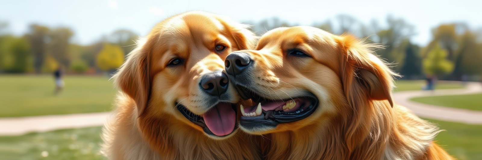 A pair of golden retrievers, with long, golden coats, are seen nuzzling together in a park on a bright, sunny day